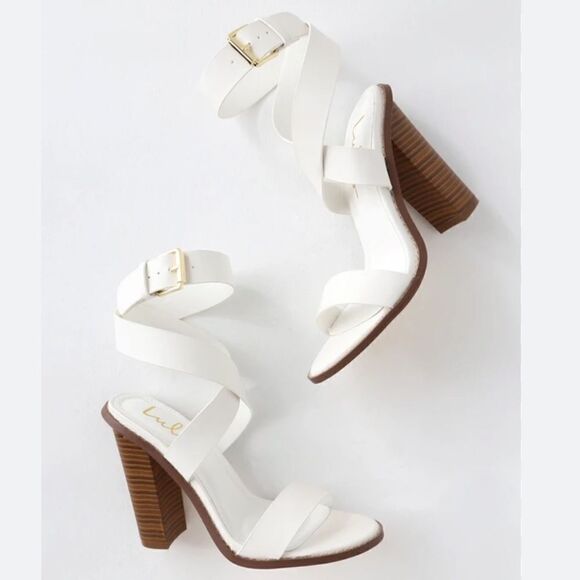 Lulu’s SHELBIE White Leather Ankle Strap Stacked Heel Open Toe Sandals - Picture 1 of 16